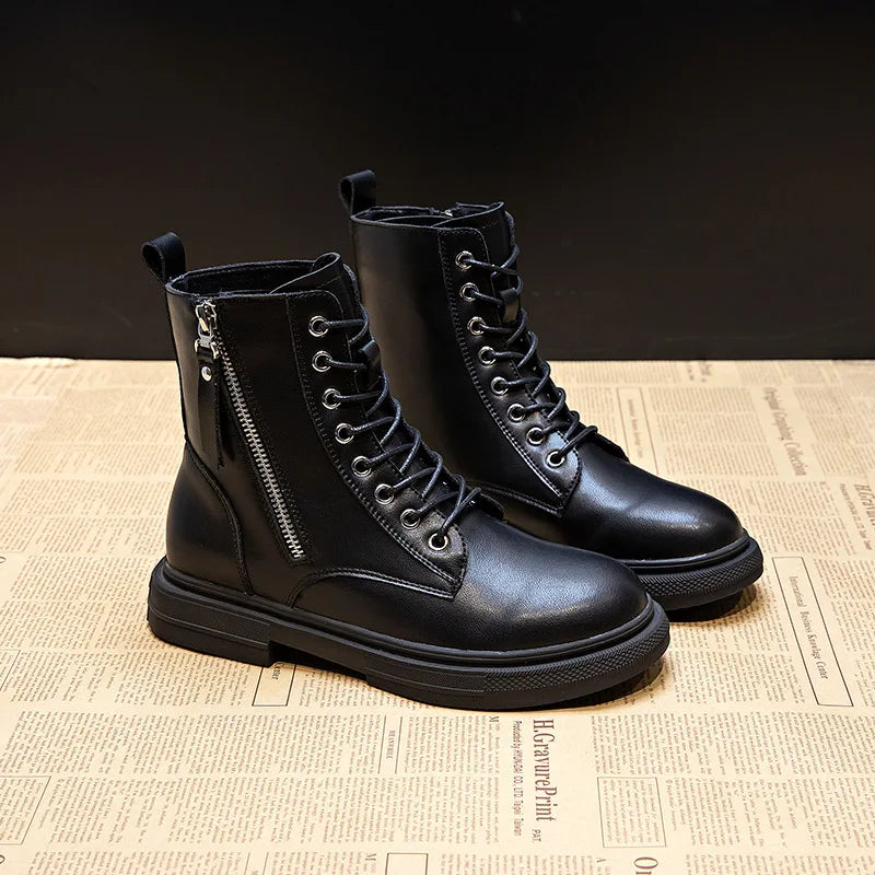 WOIZGIC Femmes Dames En Cuir Véritable Femmes Chaussures Bottines Plateforme À Lacets Chaud Hiver Automne Fourrure Peluche Moto