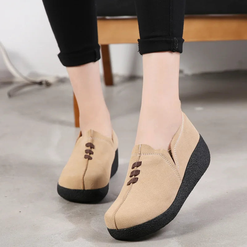 WOIZGIC Femmes Femmes Mère Dames Véritable Cuir Vache Daim Chaussures Plates Plateforme Sans Lacet Coréen Grande Taille 42 43 LLX-3022