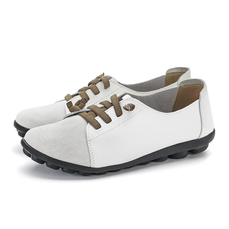 WOIZGIC Women's Genuine Leather Mother Ladies Shoes Flats Loafers Ballerina Lace Up Soft Moccains Plus Size 43 44 MX-052