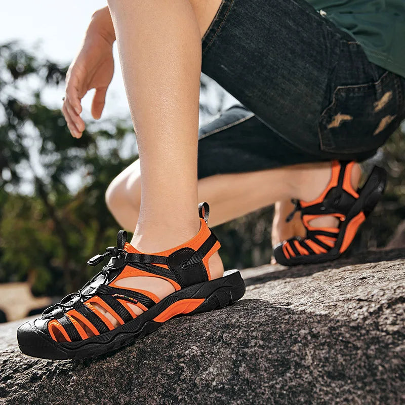 Sandales d'été en cuir véritable pour hommes, chaussures décontractées respirantes à semelle souple, sandales de plage d'extérieur, grande taille 48