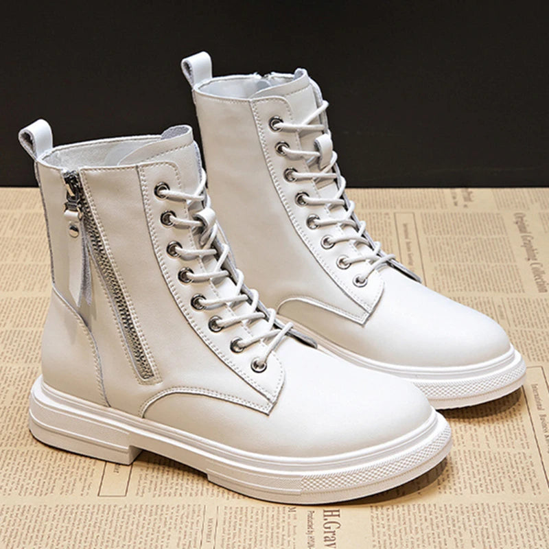 WOIZGIC Femmes Dames En Cuir Véritable Femmes Chaussures Bottines Plateforme À Lacets Chaud Hiver Automne Fourrure Peluche Moto