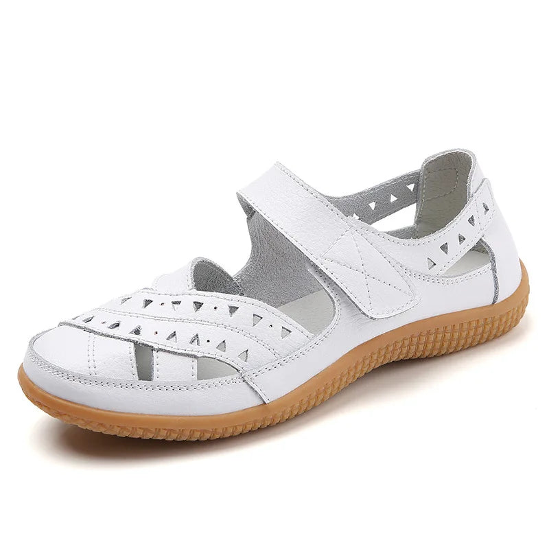 WOIZGIC Femmes Mère Véritable Cuir Creux Blanc Chaussures Sandales Appartements Mocassins Été Cool Plage Grande Taille 41 42