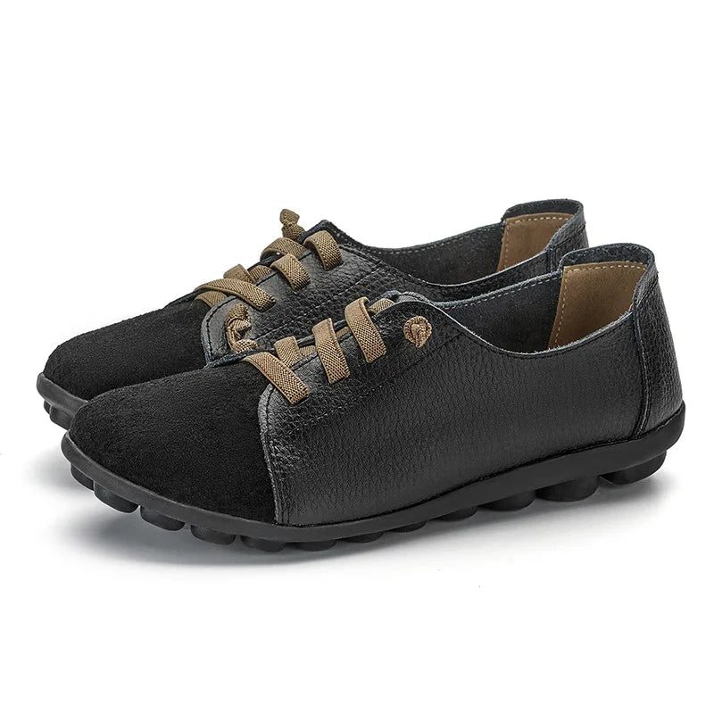 WOIZGIC Women's Genuine Leather Mother Ladies Shoes Flats Loafers Ballerina Lace Up Soft Moccains Plus Size 43 44 MX-052