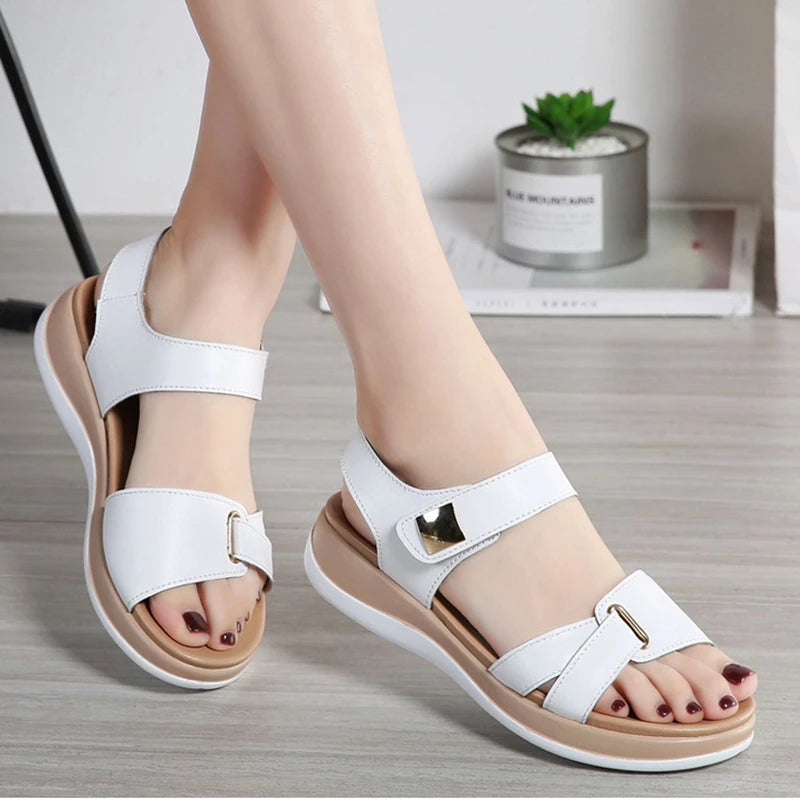 WOIZGIC Femmes Dames Mère Chaussures En Cuir Véritable Sandales Plates Souples Crochet Boucle Coréenne Bling Été Plage Taille 35-40
