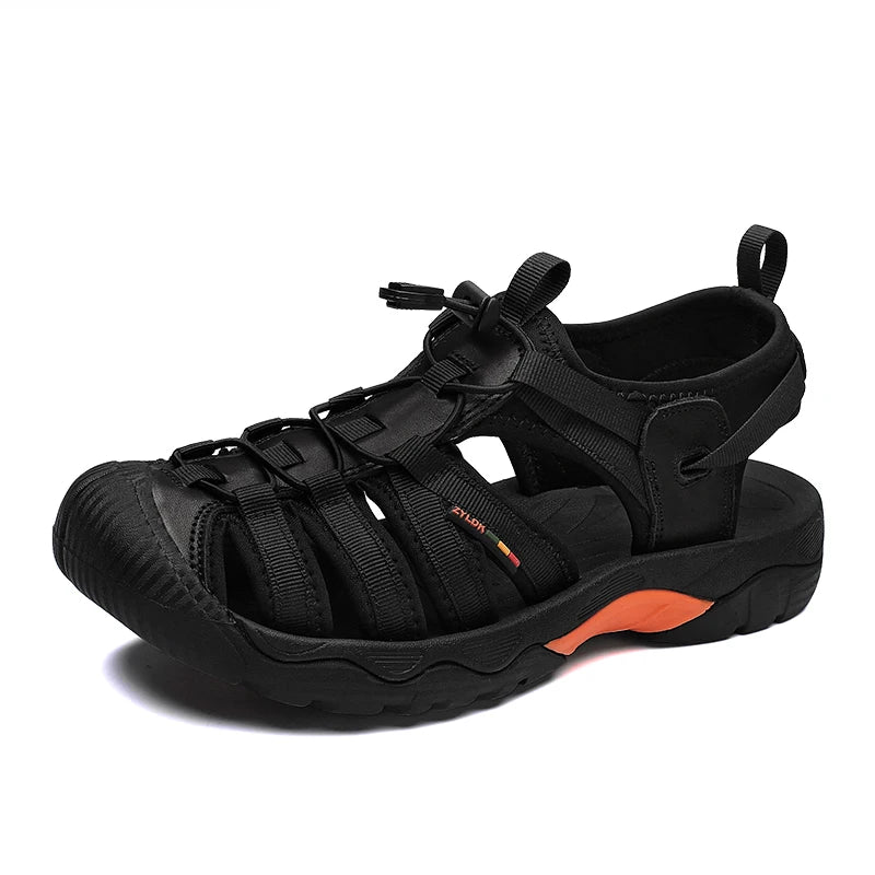 Sandales d'été en cuir véritable pour hommes, chaussures décontractées respirantes à semelle souple, sandales de plage d'extérieur, grande taille 48