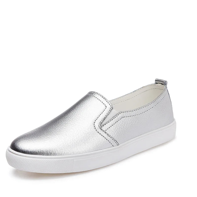 WOIZGIC Women's Ladies Female Woman Cow Genuine Leather White Vulcanized Shoes Flats Loafers Korean Slip On Leisure LLX-6688