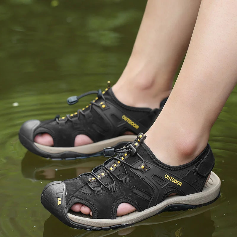 Sandales d'été pour hommes, chaussures de plage antidérapantes, faites à la main, en cuir véritable, tendance