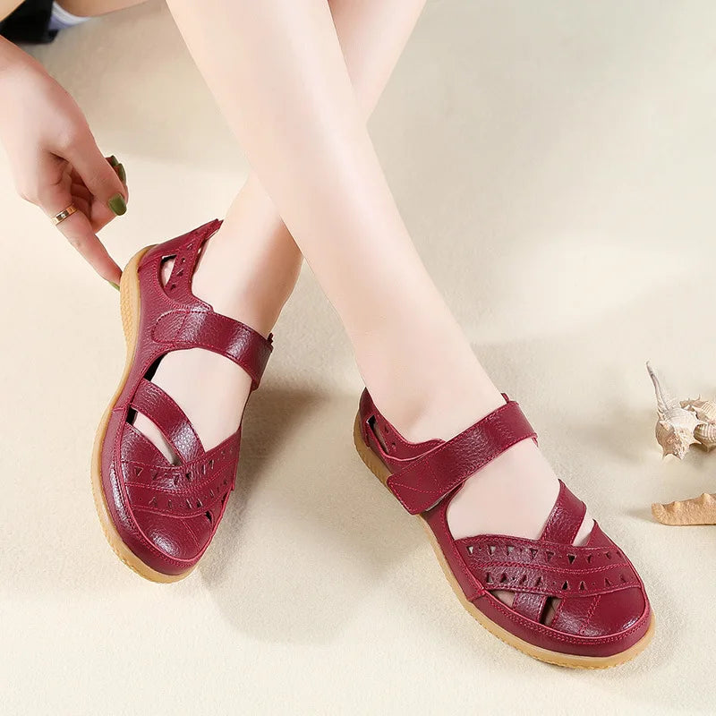 WOIZGIC Femmes Mère Véritable Cuir Creux Blanc Chaussures Sandales Appartements Mocassins Été Cool Plage Grande Taille 41 42