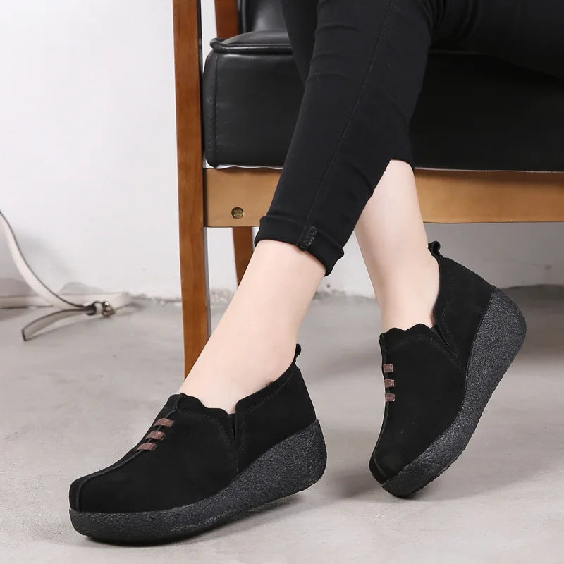 WOIZGIC Femmes Femmes Mère Dames Véritable Cuir Vache Daim Chaussures Plates Plateforme Sans Lacet Coréen Grande Taille 42 43 LLX-3022