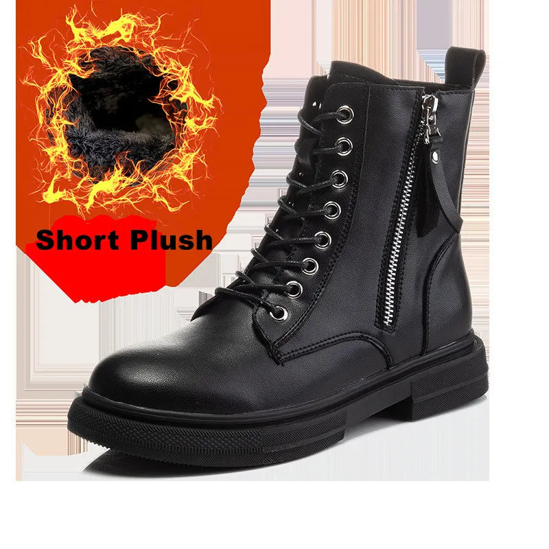 WOIZGIC Femmes Dames En Cuir Véritable Femmes Chaussures Bottines Plateforme À Lacets Chaud Hiver Automne Fourrure Peluche Moto