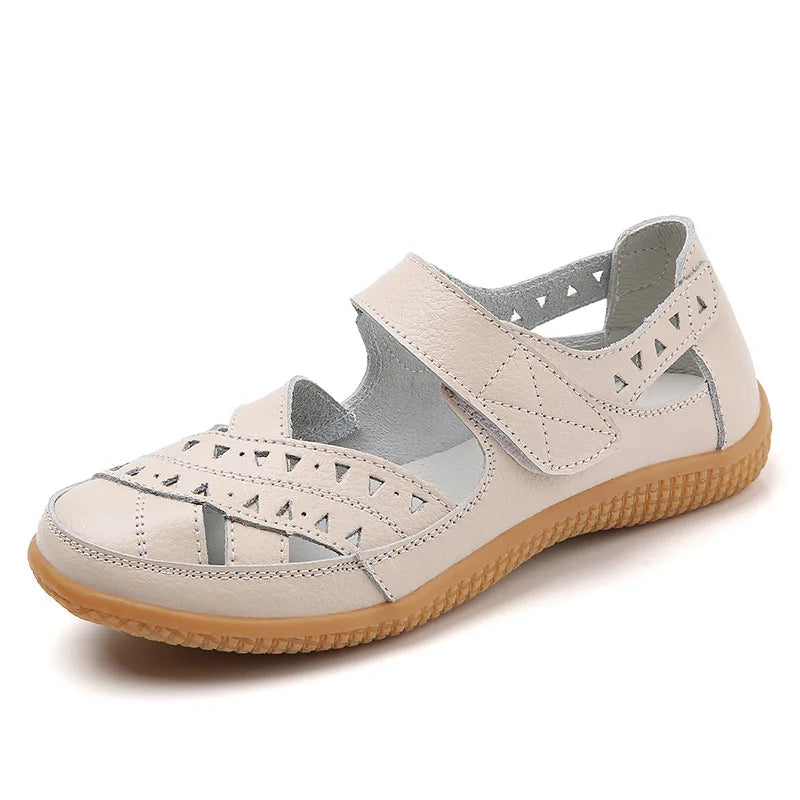 WOIZGIC Femmes Mère Véritable Cuir Creux Blanc Chaussures Sandales Appartements Mocassins Été Cool Plage Grande Taille 41 42