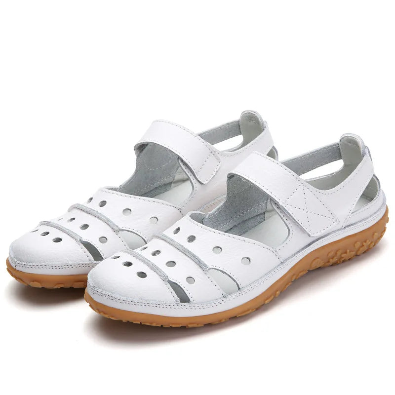 WOIZGIC Sandales en cuir véritable pour femmes, chaussures blanches, crochet et boucle, pour l'été, la plage, creuses et souples, LLX-9566