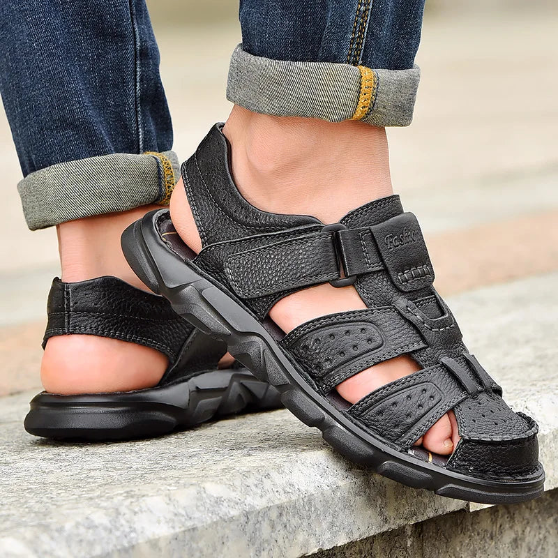 Chaussures décontractées en cuir véritable pour hommes, sandales classiques de haute qualité pour hommes, baskets d'été pour la marche en plein air, sandales respirantes pour hommes