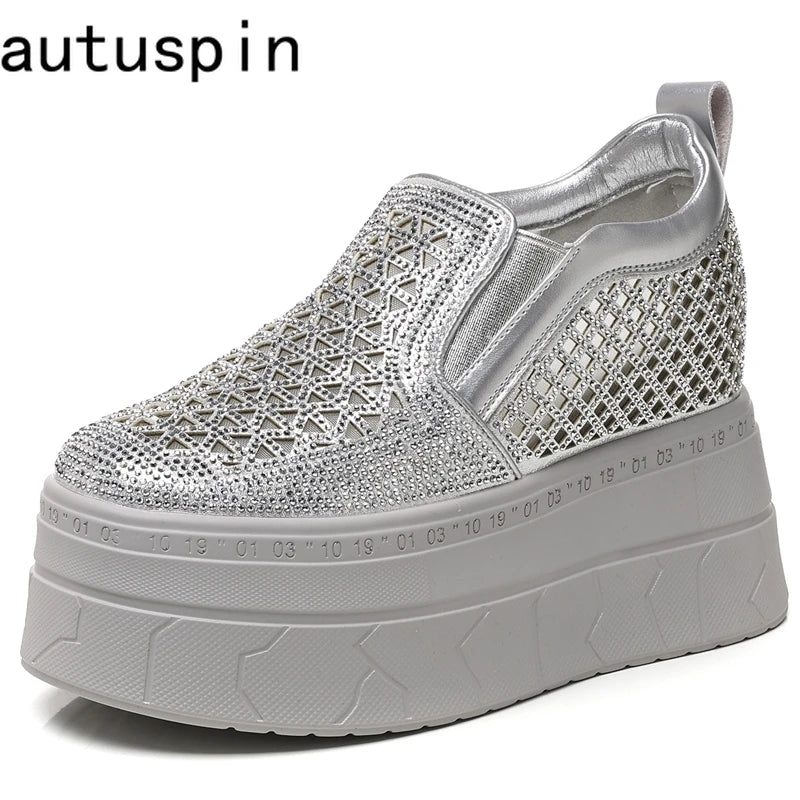 AUTUSPIN 10cm High Platform Chunky Women Breathable Synthetic Leather Crystal Ladies Shoes Summer Fashion Hollow Out Wedge Pumps