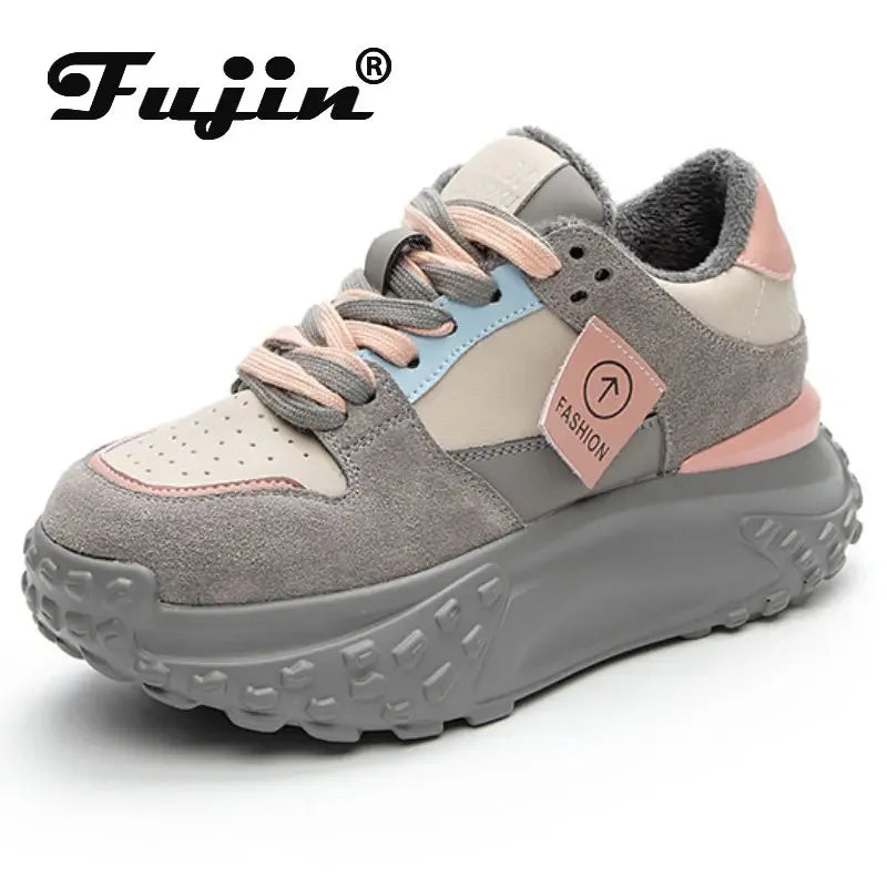 Fujin 6Cm Cow Genuine Leather Women Autumn Spring Winter Plush Warm Platform Wedge Hidden Heel Sneakers Chunky Mixed Color Shoes