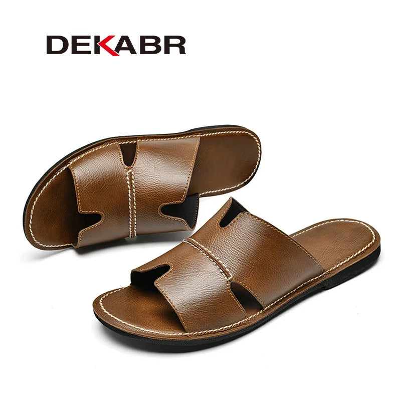 DEKABR New Quality Split Leather Non-Slip Slippers Men Beach Sandals Comfortable Summer Shoes Men Slippers Classics Flip Flops