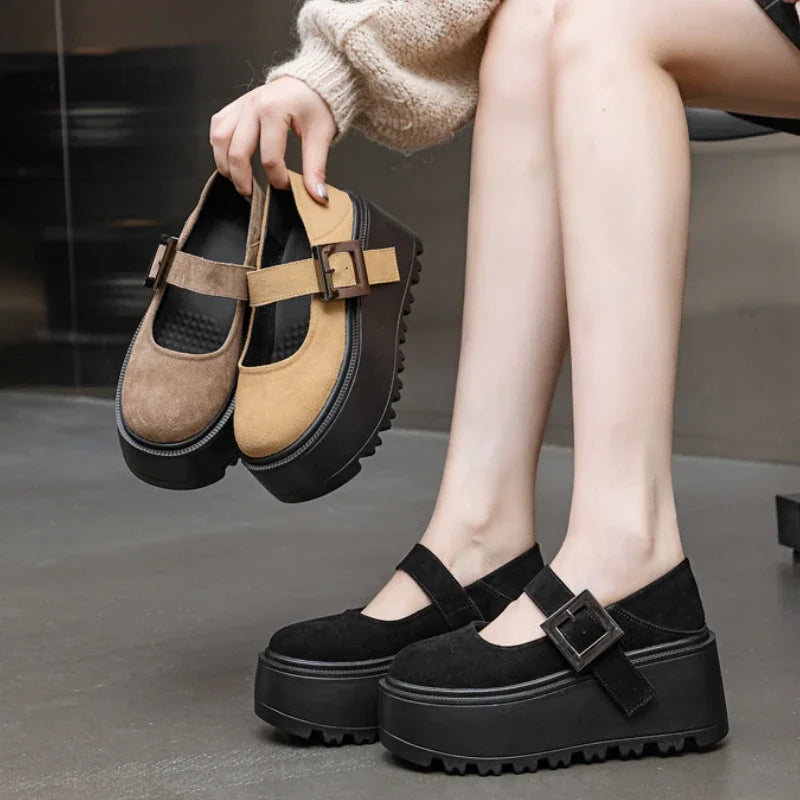 Fujin 8CM Cow Suede Natural Genuine Leather Sneakers Platform Shoes Spring Autumn Wedge Pumps Fashion Sneakers Mary Jane Women