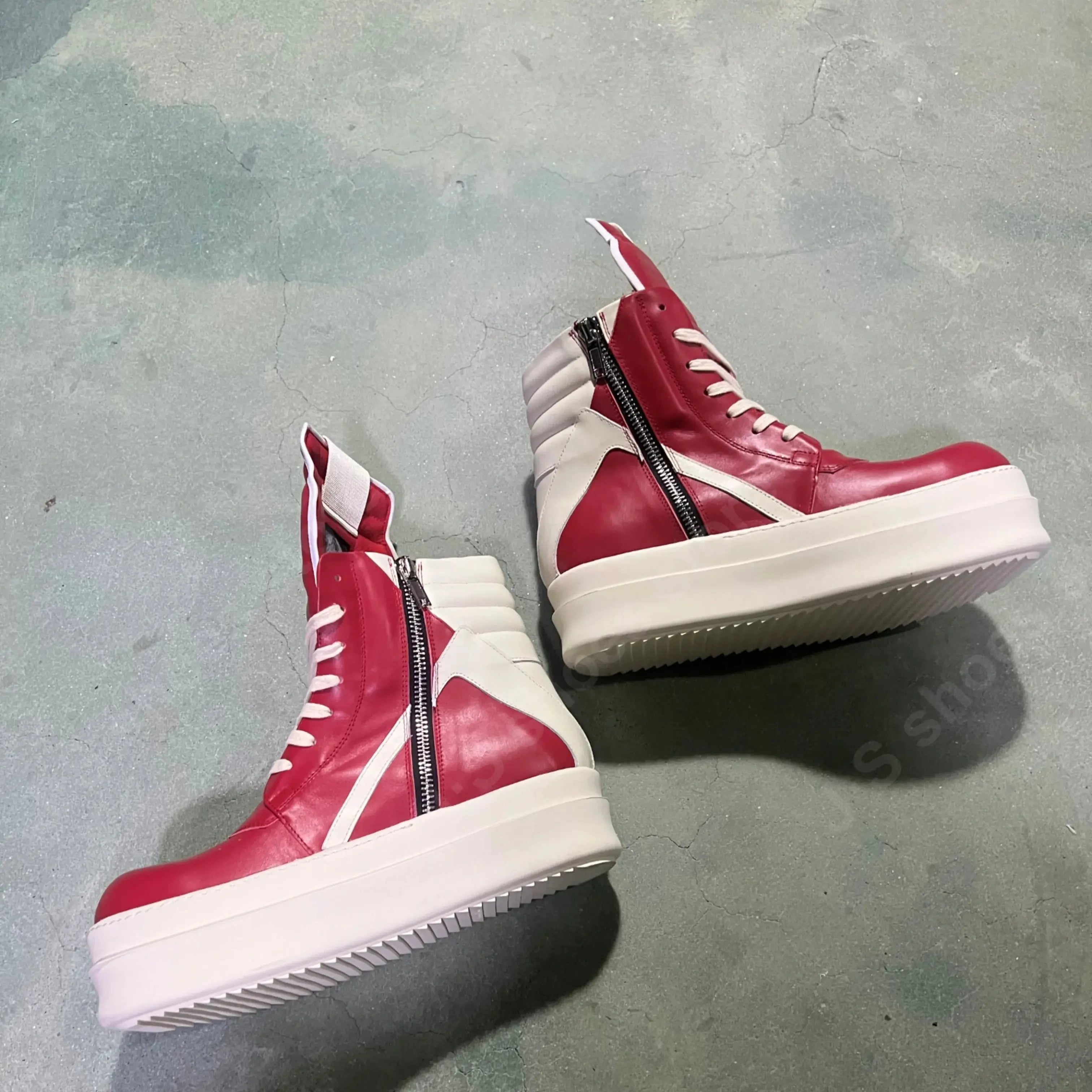 R-o Classic Men Shoe Women Sneaker Red Leather Ankle Boot High Top Casual Shoes Zipper Lace Up 6cm Thick Sole Sneakers Boots