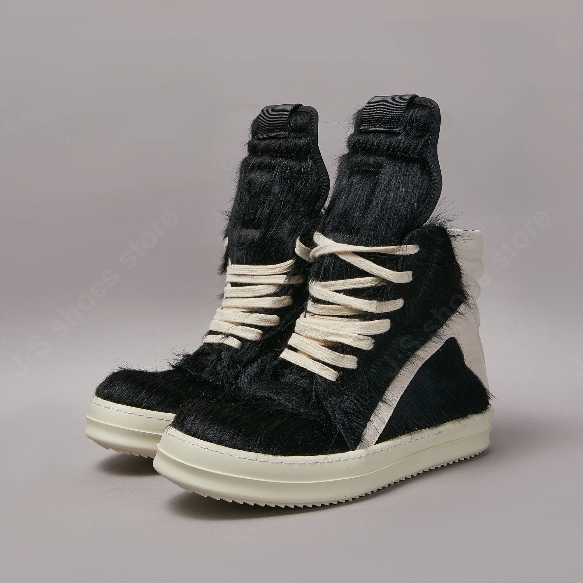 Ro Casual Shoes Men High Top Shoe Black Horse Hair Women Sneaker Black Horsehair Ankle Boot White Leather Boots Flat Sneakers