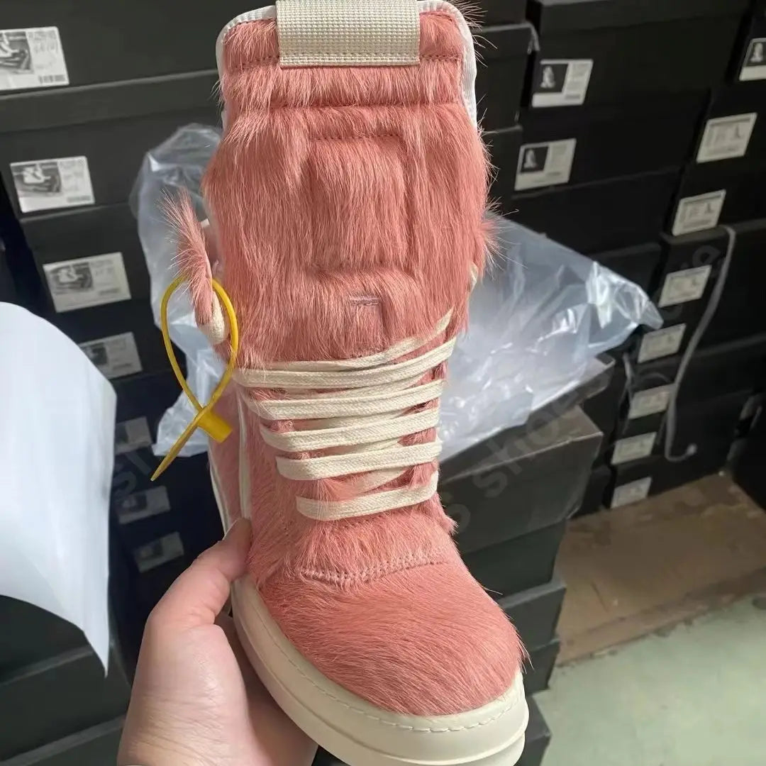 R-o Classic Boots Men Shoe Pink Horse Hair Women High Top Shoes Sneaker White Leather Pink Horsehair Ankle Boot Outside Sneakers