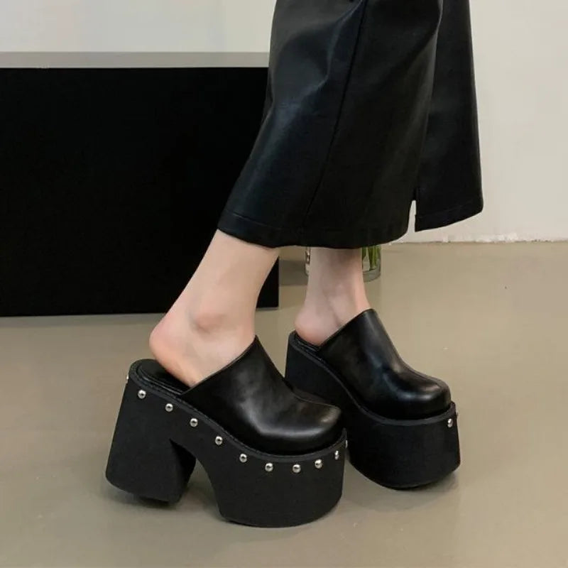 Fujin 11cm PU Leather Women Fashion High Heels Pumps Platform Wedge Summer Round Big Toe Ladies Sandals Big Size Slippers Shoes