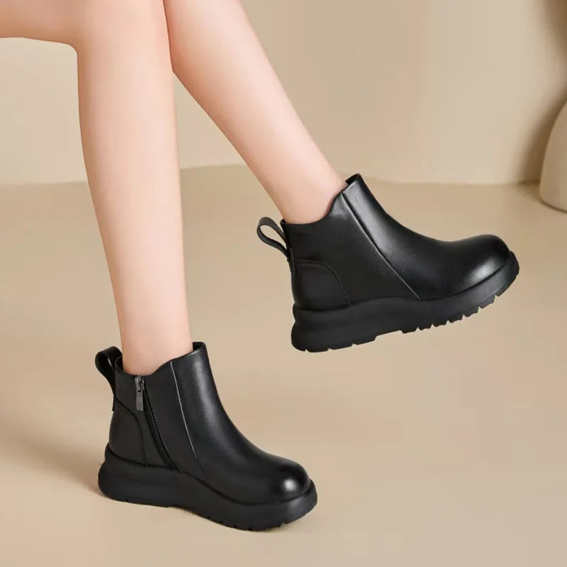 DRKANOL 2025 Thick Sole Platform Snow Ankle Boots For Women Wedges Heel Genuine Leather Short Boots Ladies Plush Fur Warm Shoes