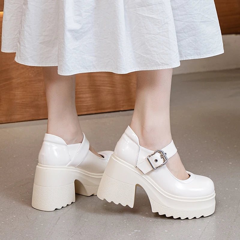 AUTUSPIN 10cm Chunky Heels Mary Janes Shoes Women Summer Autumn Buckle Pumps Female Students Party Wedding Platform High Heels