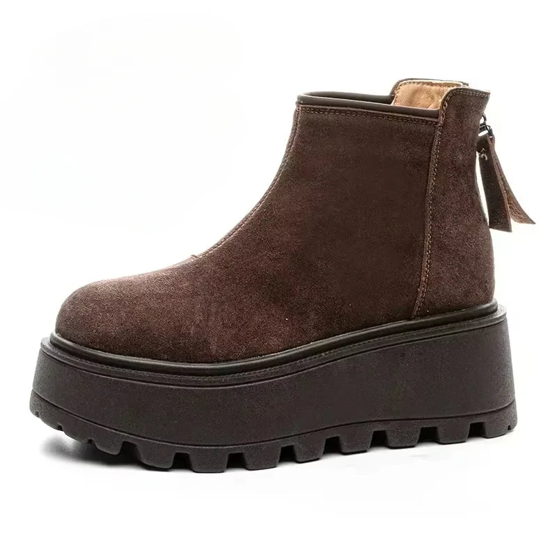 Fujin 7cm Suede Cow Genuine Leather Snow Boots Women Ankle Booties Platform Wedge Winter Plush Chelsea Boots Shoes for Women