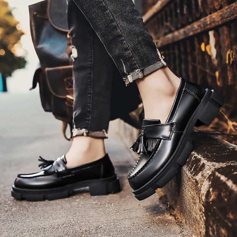 STRONGSHEN Men Leather Tassel Shoes Brand Luxury Loafers Black Moccasin Thick Bottom Business Casual Formal Men's Dress Shoes