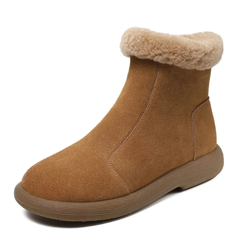 DRKANOL 2025 Fashion Women Snow Boots Quality Cow Suede Leather Winter Fur Warm Flat Heel Side Zipper Casual Short Ankle Boots