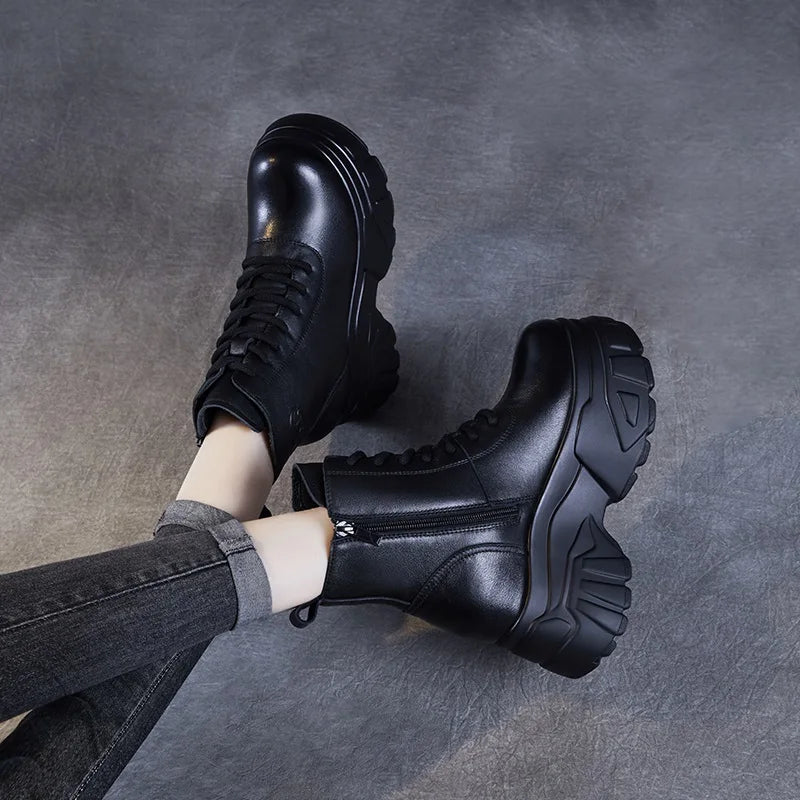 DRKANOL 2025 Women Wedges Heel Ankle Boots Autumn Winter 10cm Height Increasing Genuine Leather Platform Retro Warm Short Boots