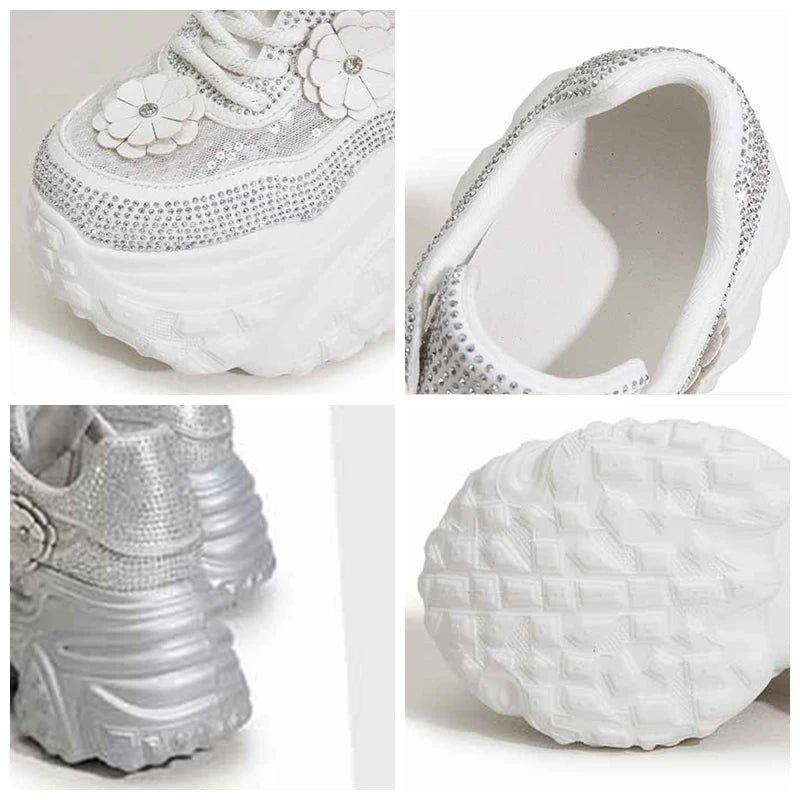 Fujin 10cm Air Mesh Synthetic Leather Bling Casual Platform Wedge Flats Women Vulcanize Hollow Summer Chunky Sneakers Shoes