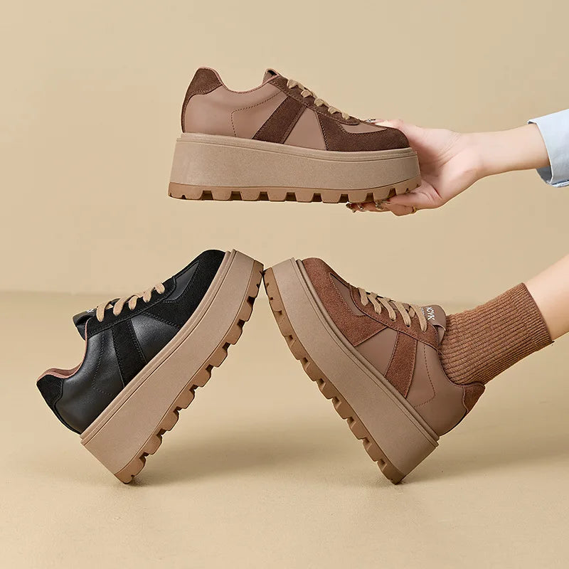 Fujin 8cm Microfiber Genuine Leather Breathable Fashion Chunky Sneaker Flats Booties Boots Spring Autumn Women Vulcanize Shoes