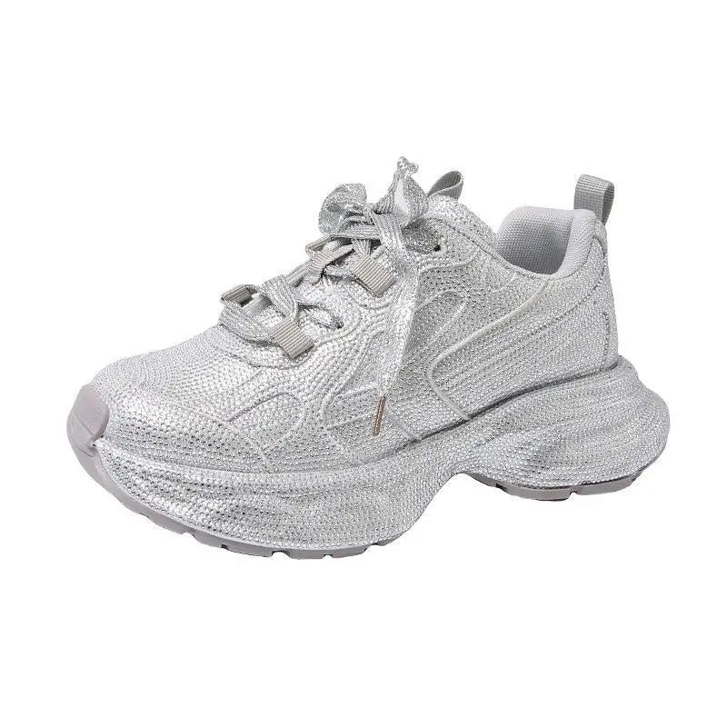 Fujin 5cm Women Sneakers Spring Lace-Up Casual Working Shoes Wearing Shoes High Brand Platform Wedge Silver Crystal Outside