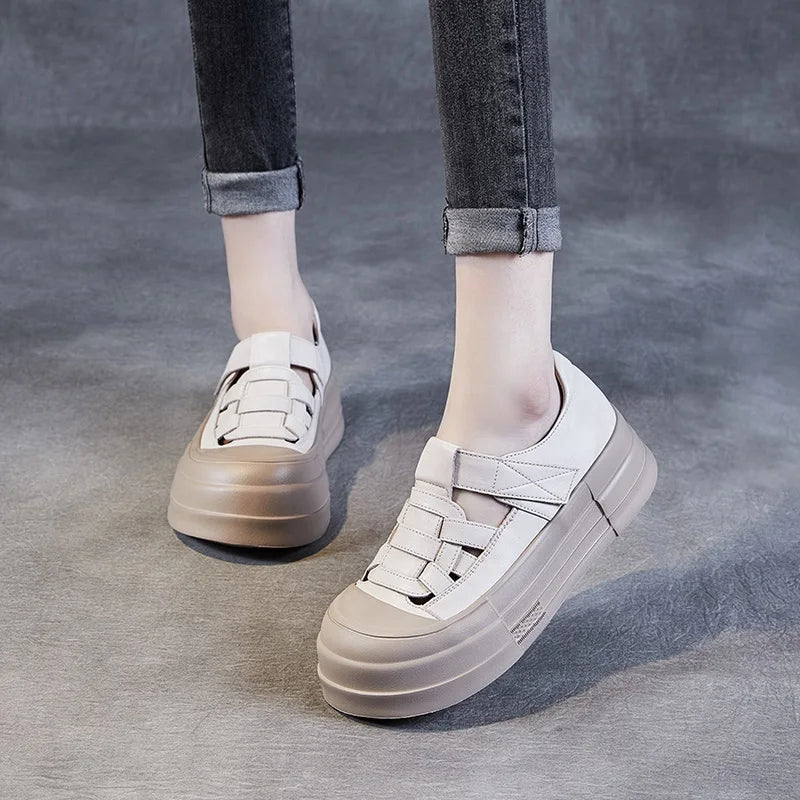 DRKANOL 2025 Fashion Genuine Leather Chunky Platform Shoes Summer Woven Hollow Breathable Thick Bottom Loafer Casual Roman Shoes