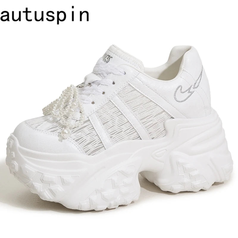 AUTUSPIN 10cm Height Increasing Summer Shoes for Women 2025 Fashion Breathable Lace Synthetic Leather Leisure Sports Sneakers
