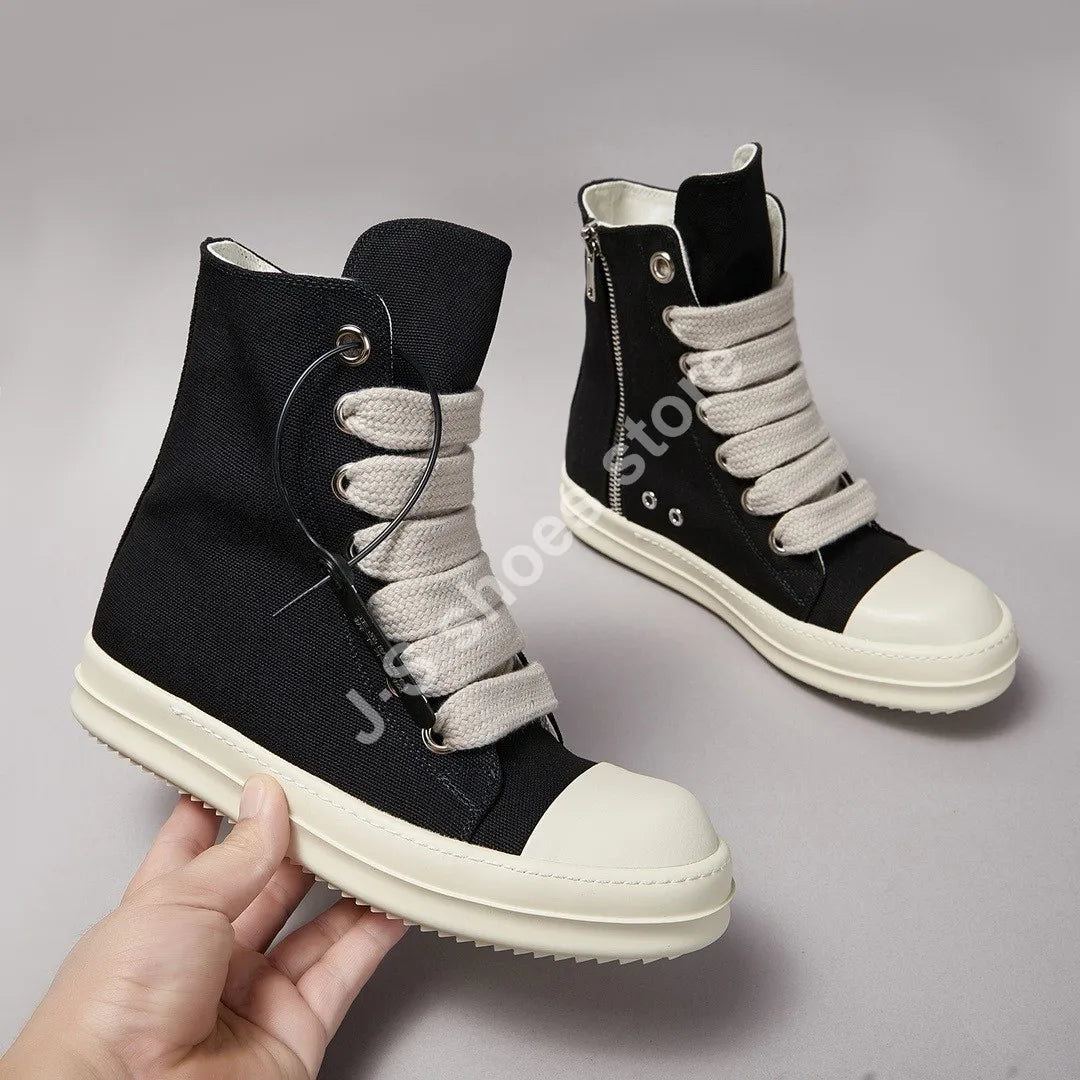 Black Canvas Shoe Men Boots Ro High Top Shoes Jumbo Laces Women Sneaker Casual Shoes Luxury Zipper Flat Shoes Ankle Boot