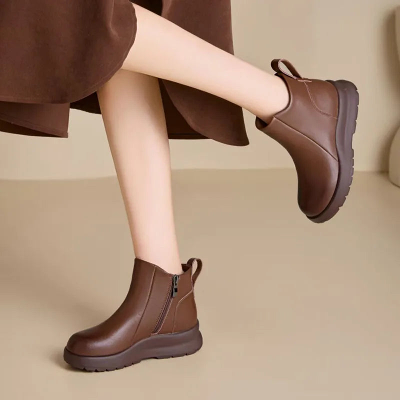 DRKANOL 2025 Thick Sole Platform Snow Ankle Boots For Women Wedges Heel Genuine Leather Short Boots Ladies Plush Fur Warm Shoes