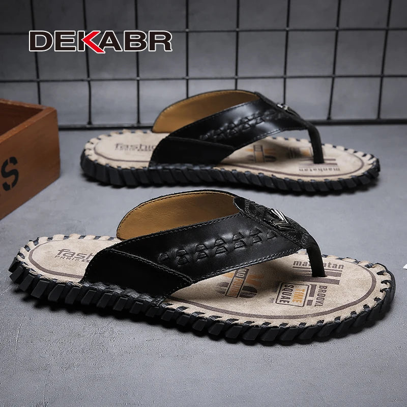 DEKABR Men's Flip Flops Fashion Genuine Leather Sweat-Absorbent Breathable Wear-Resistant Non-Slip Shoes Large Size 38-48