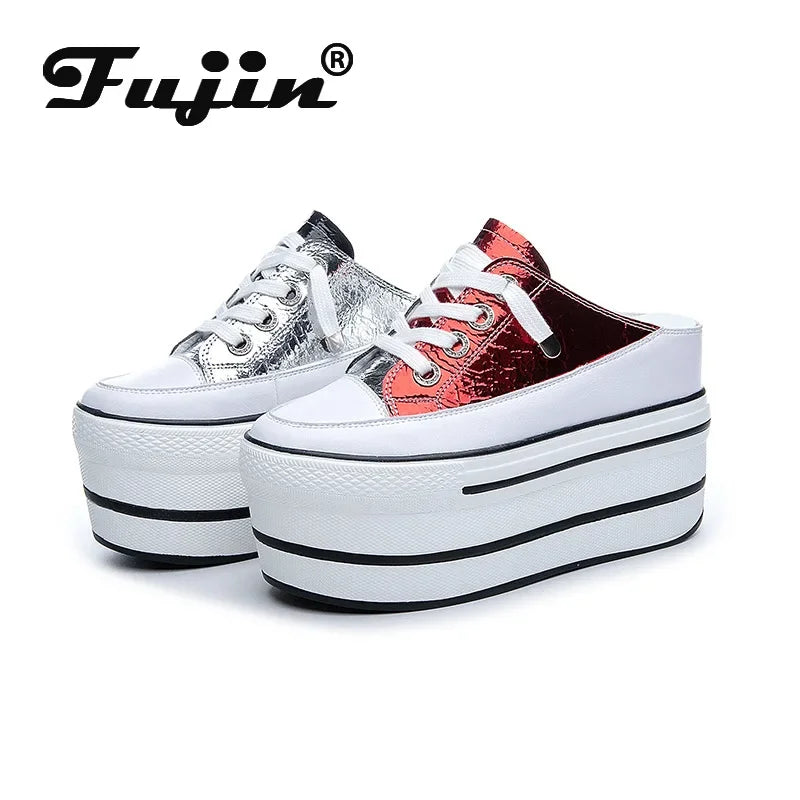 Fujin 10cm Mules Shoes Sandals Genuine Leather 2024 Women Sneakers Slippers Summer Shoes New Casual Shoes Women's Fashion