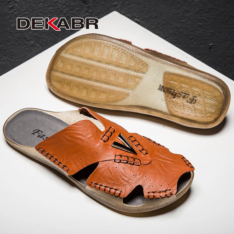 DEKABR British Style Sandals Men Simple Quality Leather Non-Slip Wear-Resistant Hand-Sewn Business Casual Office