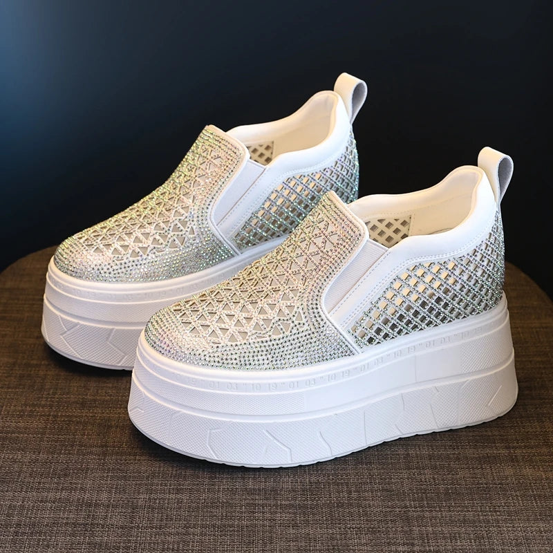 AUTUSPIN 10cm High Platform Chunky Women Breathable Synthetic Leather Crystal Ladies Shoes Summer Fashion Hollow Out Wedge Pumps