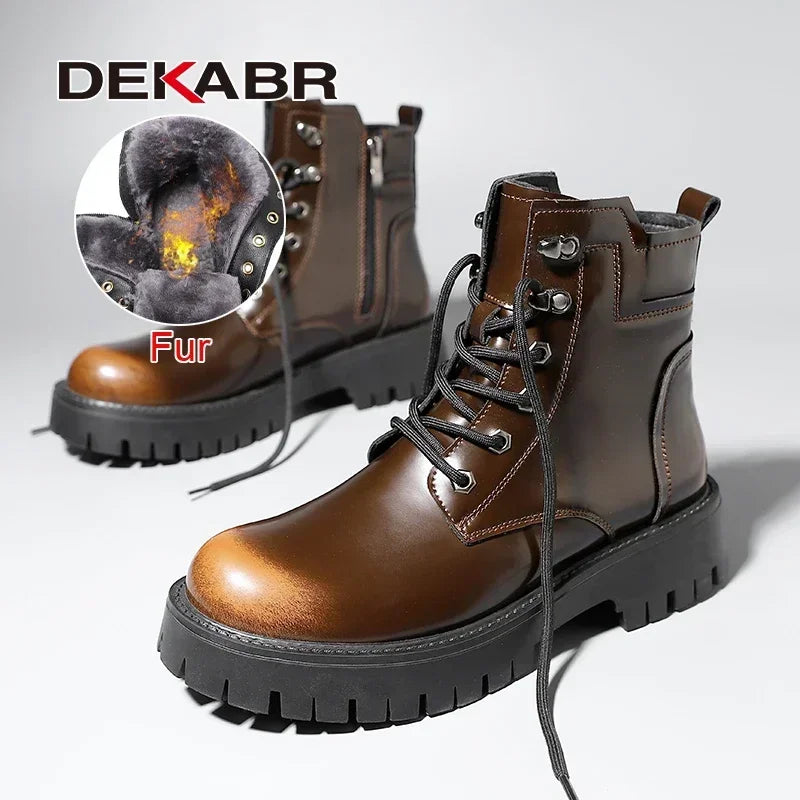 DEKABR New Comfortable Autumn Winter Warm Fur Boots Genuine Leather Soft Mens British Style Handmade Non-Slip Boots Size 38-45