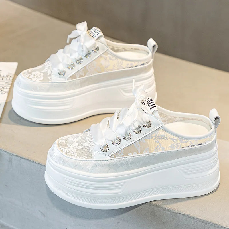 Fujin 8cm Air Mesh Ankle Boot Shoes Pumps Fashion Synthetic Platform Wedge Chunky Sneakers Comfy Summer Slipper Breathable Women