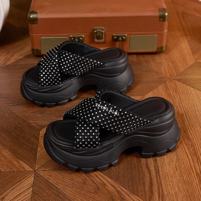 AUTUSPIN 7.5cm Fashion Slippers for Women Summer Rhinstones Shiny Slides Shoes Female Wedge Platform High Heels Thick Soled Shoe