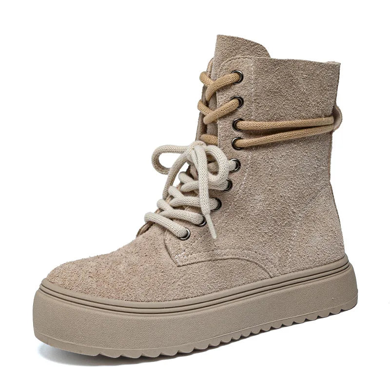 DRKANOL Women Flat Platform Ankle Boots Quality Cow Genuine Leather Round Toe Thick Sole Lace-Up Retro Style Casual Short Boots