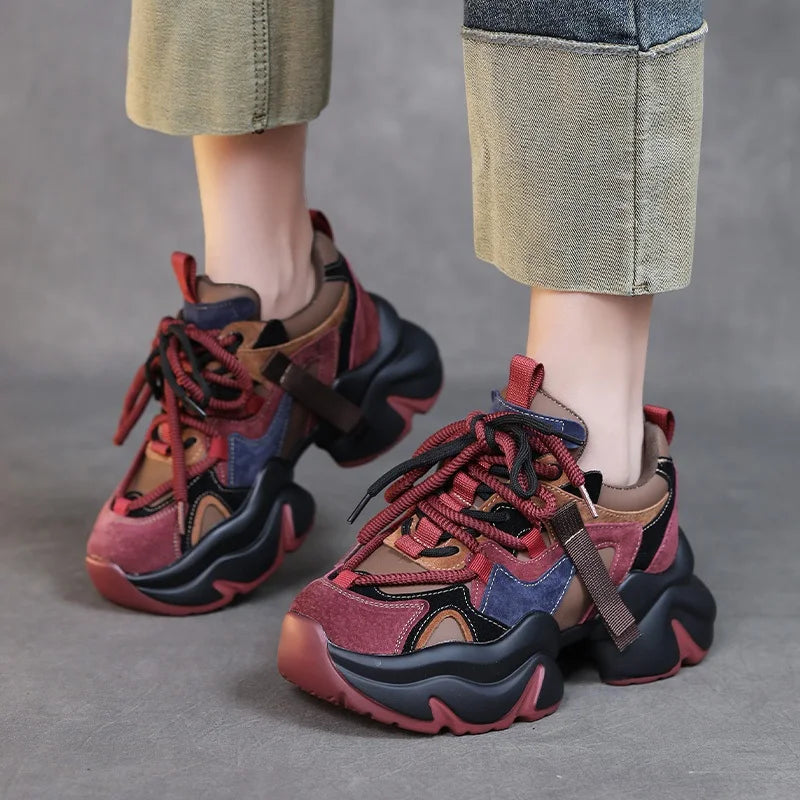 DRKANOL 2025 Women Mixed Colors Cow Suede Shoes Handmade Retro Lace-Up Round Toe Platform Thick Sole Height Increasing Dad Shoes