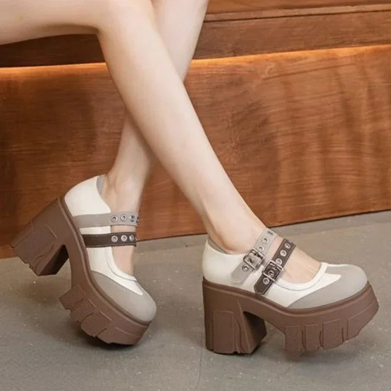 Fujin 11cm Synthetic Patent Genuine Leather Chunky Heels Pumps Summer Ankle Boots Mary Jane Chunky Heels Buckle Platform Shoes