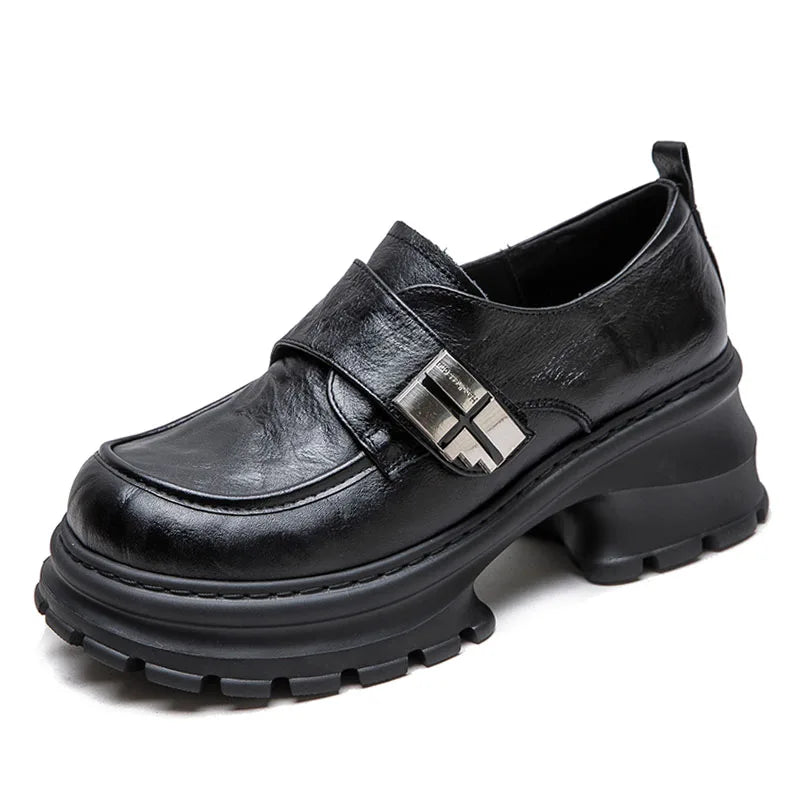 DRKANOL Retro Handmade Women Shoes 2025 Spring Autumn Thick High Heel Height Increasing Platform Round Toe Metal Loafers Female