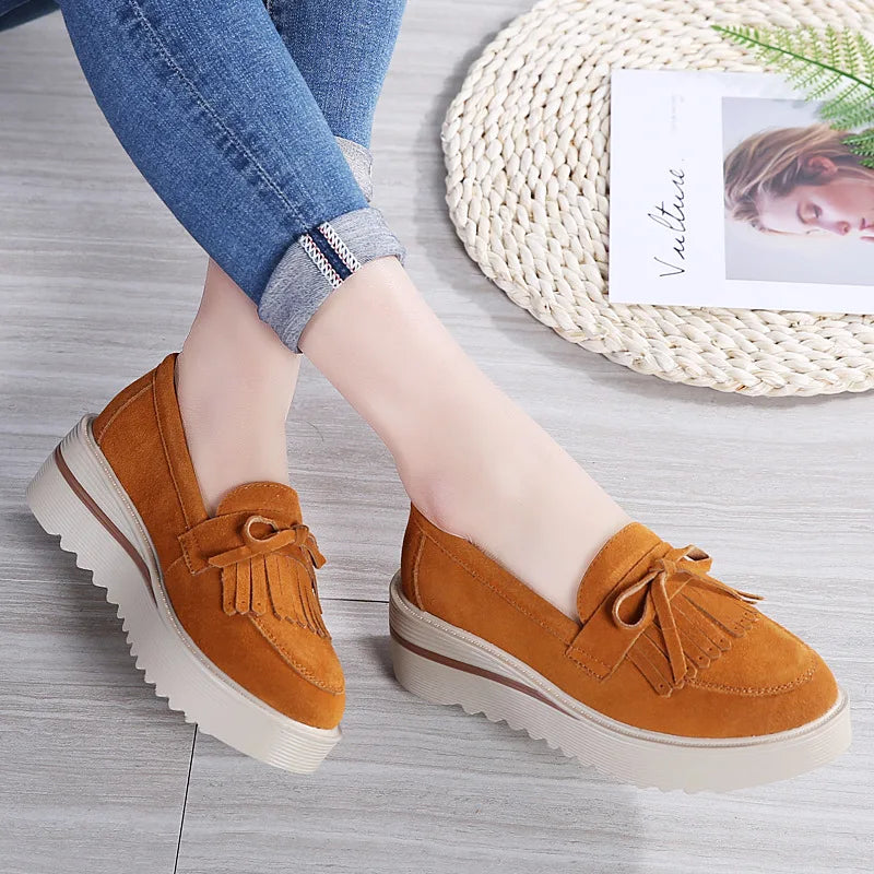 WOIZGIC Women Female Ladies Mother Cow Suede Leather Shoes Platform Flats Fringe Non Slip On Autumn Nowknot Vulcanized Shoes